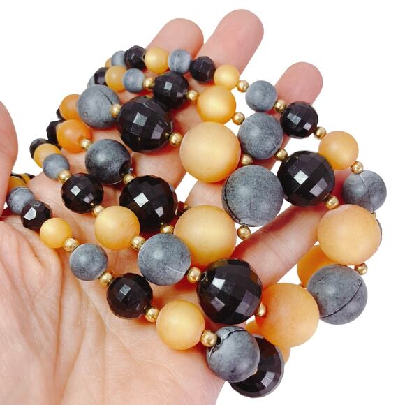 Vintage 1950s Lucite Multi Strand Necklace Black Gray Mustard Halloween Jewelry - Picture 4 of 11